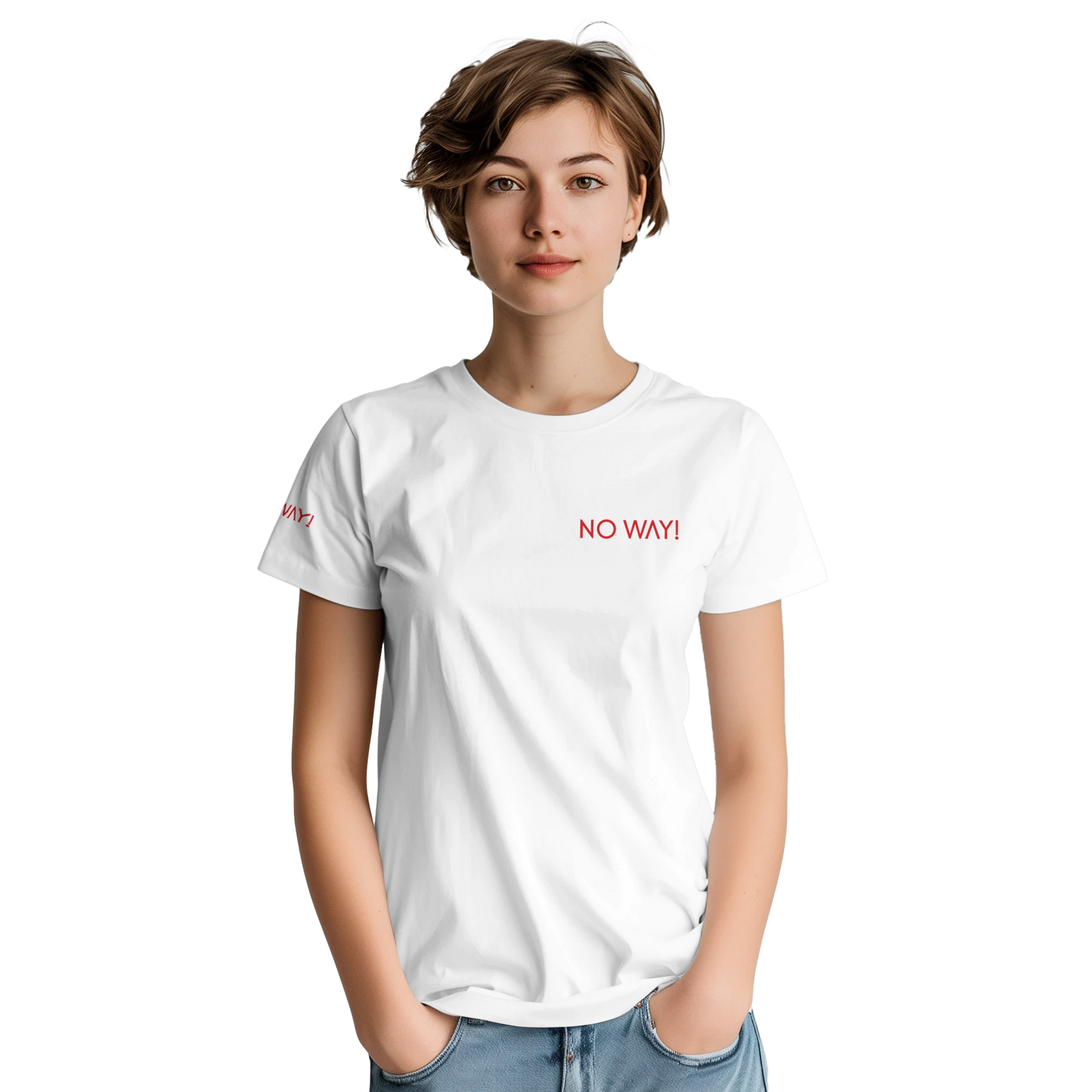 White NO WAY t-shirt on a female model