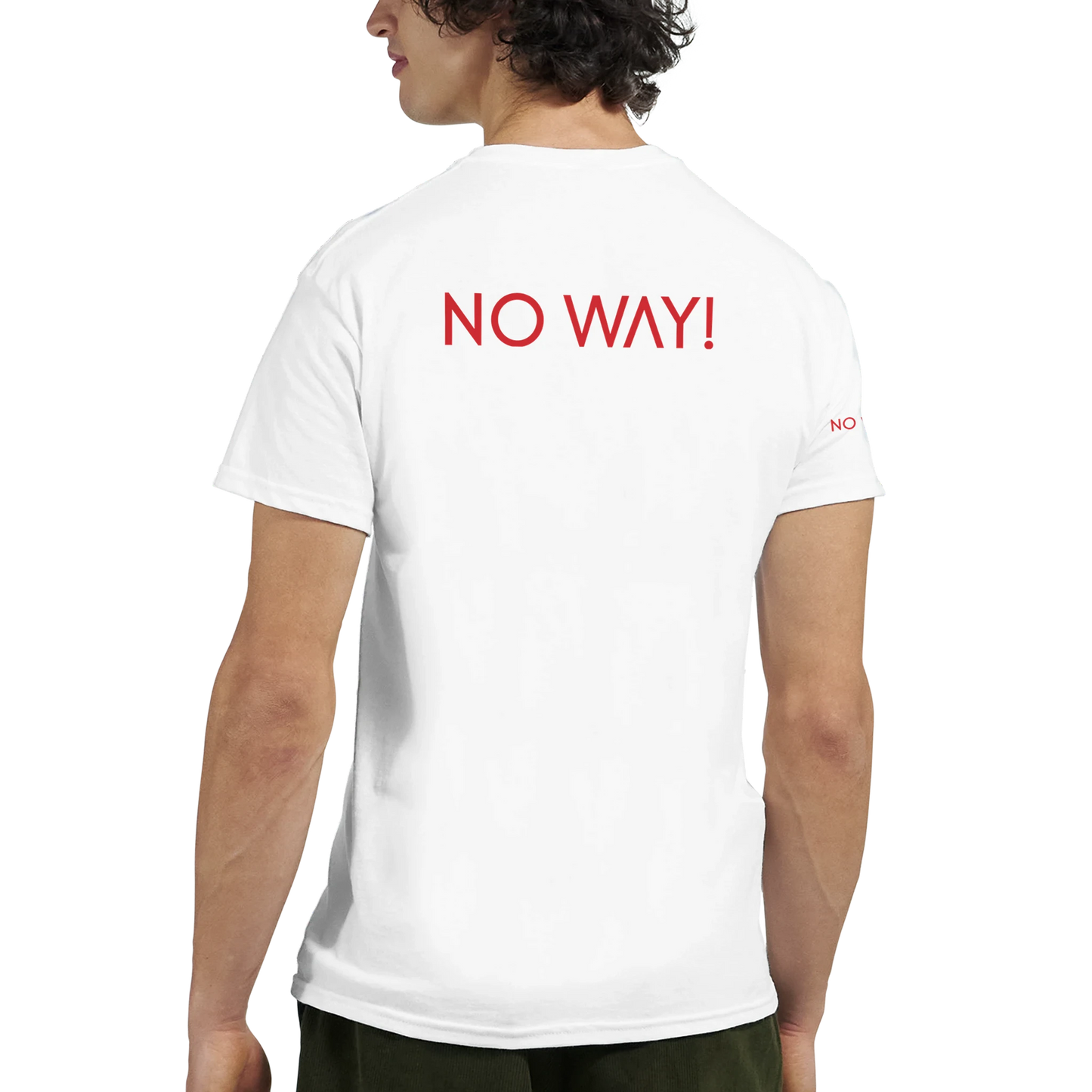White NO WAY t-shirt on a male model