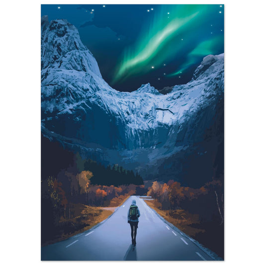 Snow-covered mountains leading to Nusfjord in Lofoten, a person is surrounded by tall mountains and glowing northern lights in the sky.
