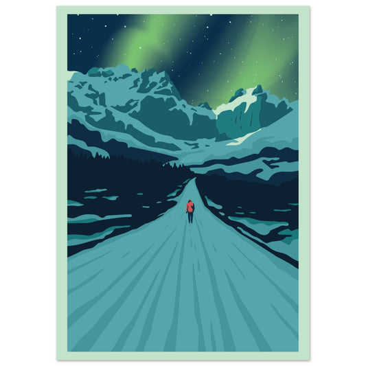 Road leading to Nusfjord in Lofoten, surrounded by tall winter mountains and glowing northern lights in the sky.