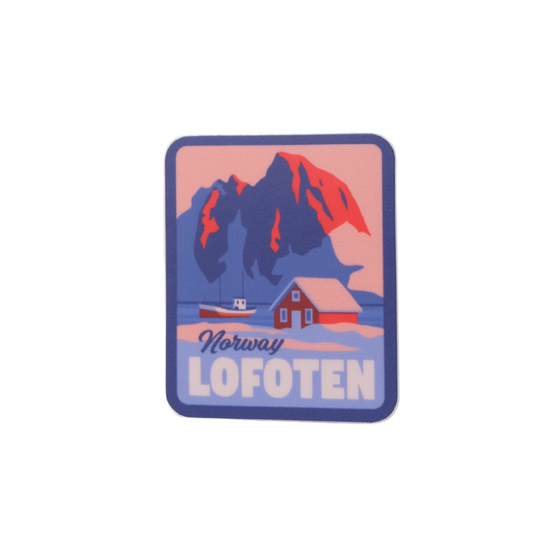 Winter pastel colors in Lofoten, sticker. A fishermans cabin, a mountain behind and a fishing boat in the sea. 