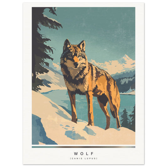 Poster of a wolf standing in a snowy landscape with trees and water.