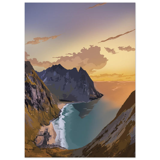 Hiking along the sandy beach of Kvalvika in Lofoten, Norway, during the summer, with surrounding mountains in the background.