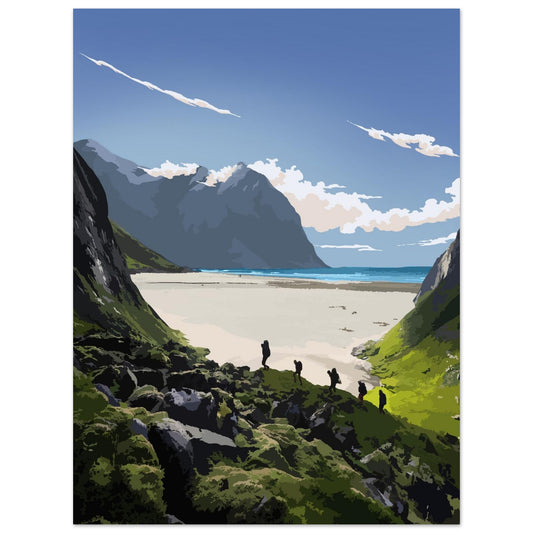 People hiking along the sandy beach of Kvalvika in Lofoten, Norway, during the summer, with surrounding mountains in the background.
