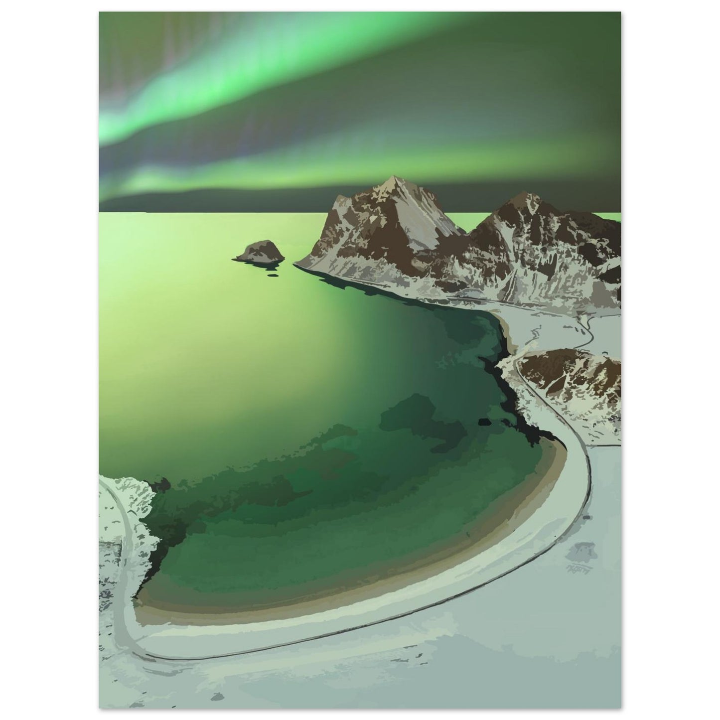 Northern lights dancing over snowy Haukland Beach in Lofoten, Norway, during winter.