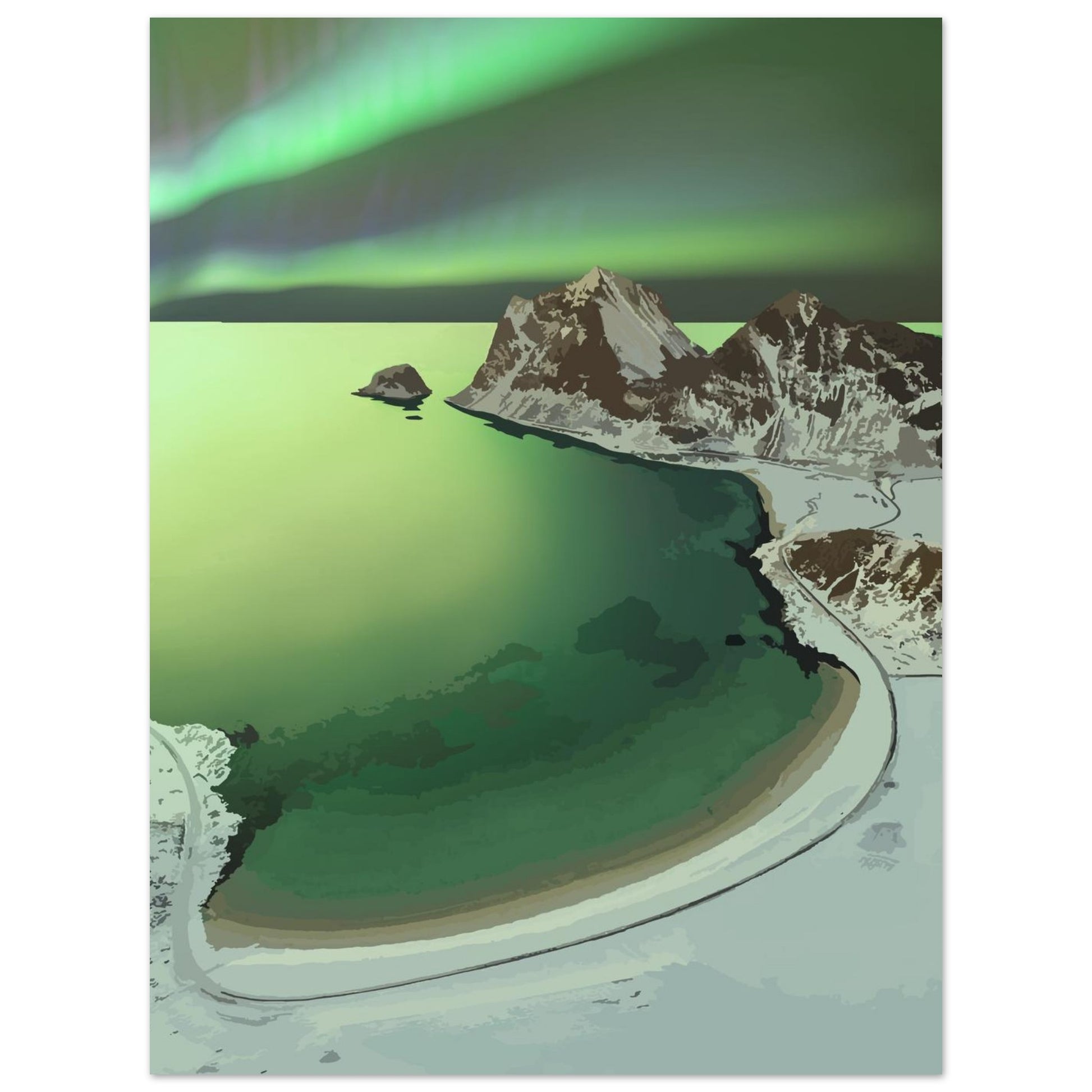 Northern lights dancing over snowy Haukland Beach in Lofoten, Norway, during winter.