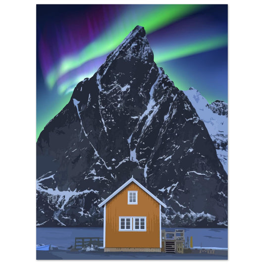 Northern lights glowing above Mount Olstinden with a yellow cabin in the foreground, in Lofoten, Norway.