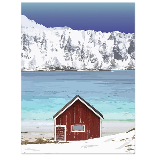 Red cabin by the white sands of Ramberg Beach, with mountains and the sea in the background in Lofoten, Norway.