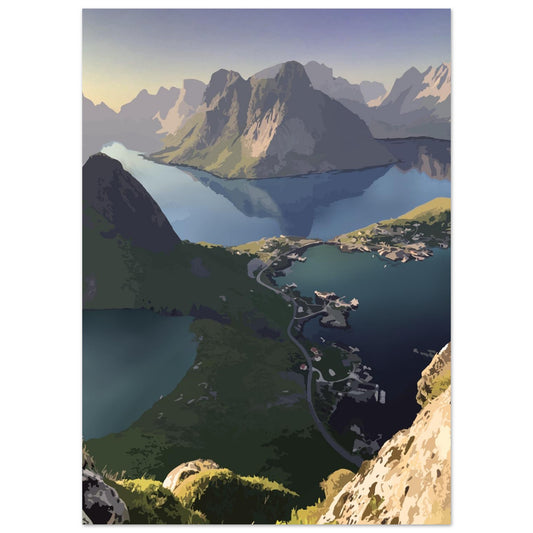 Stunning view from Reinebringen overlooking the village of Reine with surrounding mountains and fjords in Lofoten, Norway.
