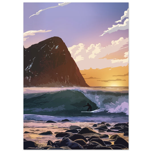 Surfer catching a wave at Unstad Beach under the midnight sun in Lofoten, Norway.